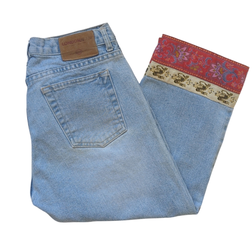 Vtg. London Jean Asian Dragon Embroidered High Rise Cropped Mom Jeans 10 Blue - Picture 7 of 13